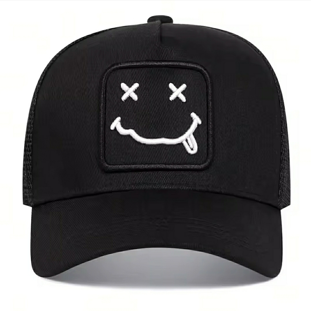 Black Trucker Hat with Smiley Face Patch